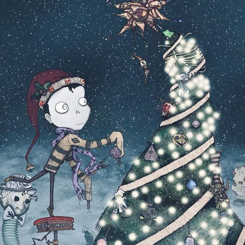 illustration of a boy decorating a tree with lights and ornaments with skulls in the background