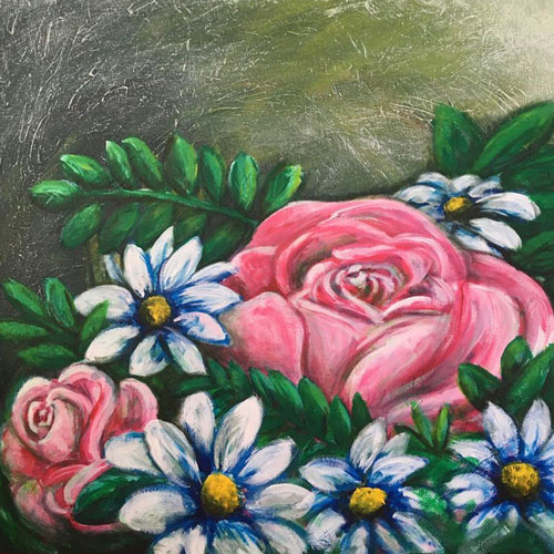 painting of pink roses and daisies