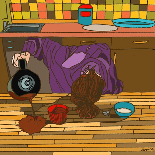 Illustration of woman laying her head on a table while pouring a coffee and missing her cup making a mess