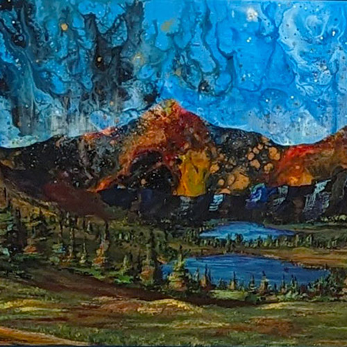 painting of a landscape with blue sky and mountain