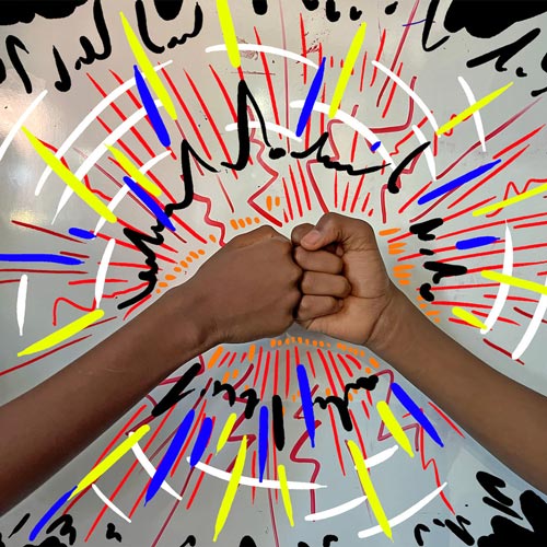 digital drawing of a fist bump in front of energizing line elements showing the force of their touch