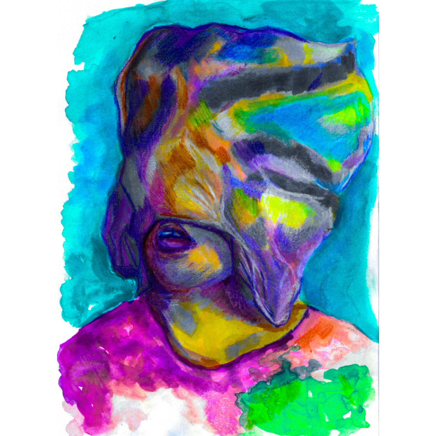 Portrait of a person with a bag on their head. Neon shades of blue, magenta, yellow, and green.