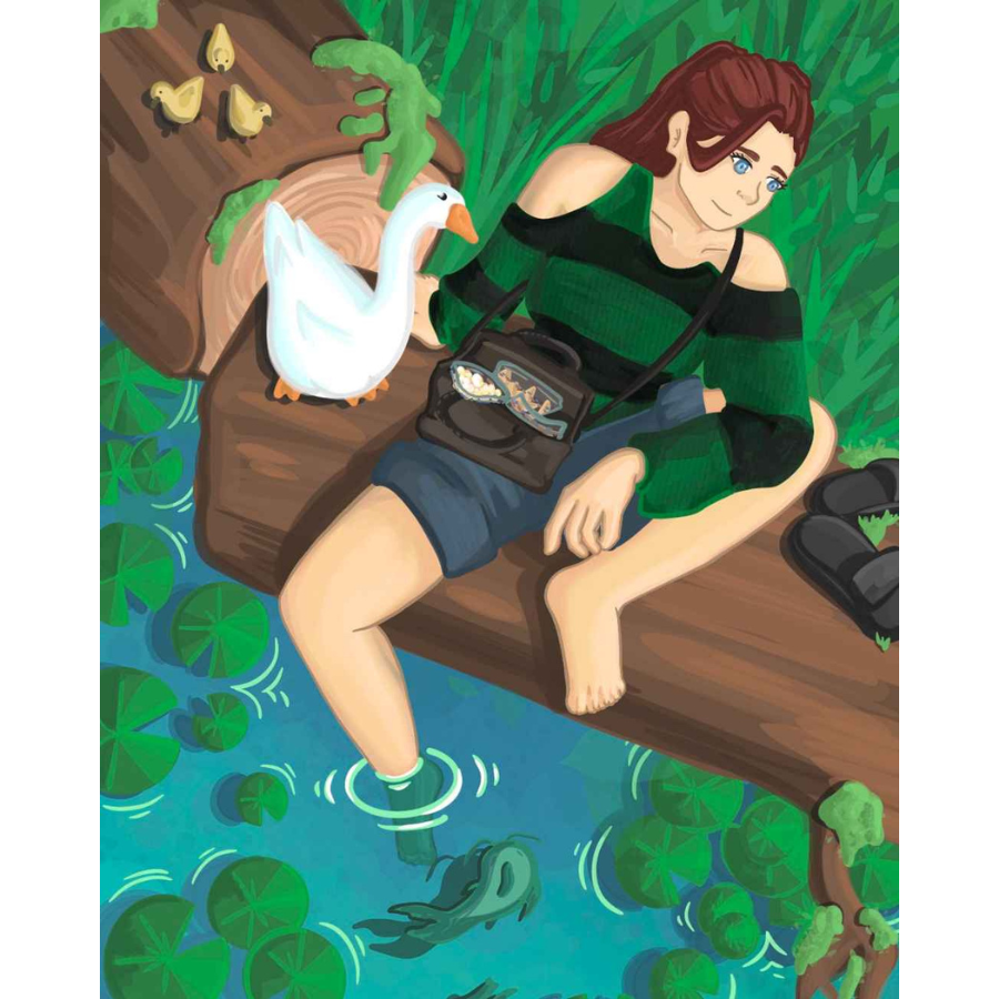 Portrait of woman sitting on a log with a goose in a pond