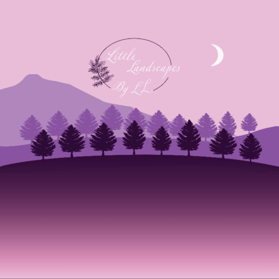 Graphic landscape art of purple mountains and rows of trees