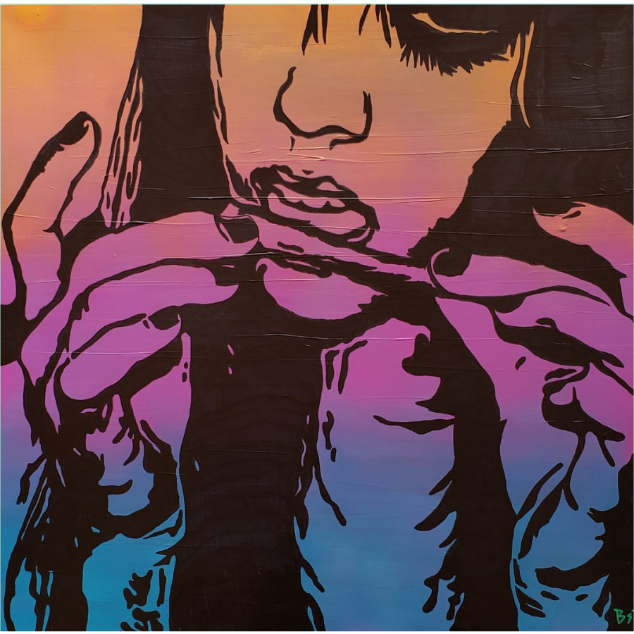 High contrast painting of a woman rolling joint with a colorful gradient in the background