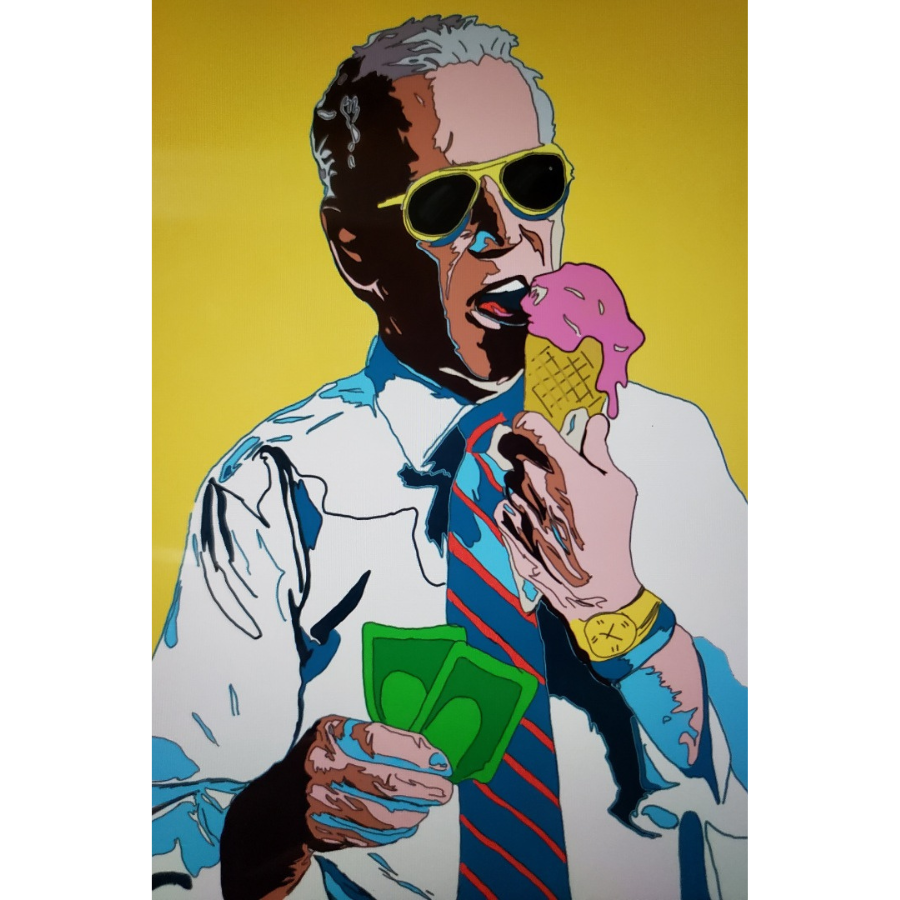 Graphic man eating ice cream and holding cash