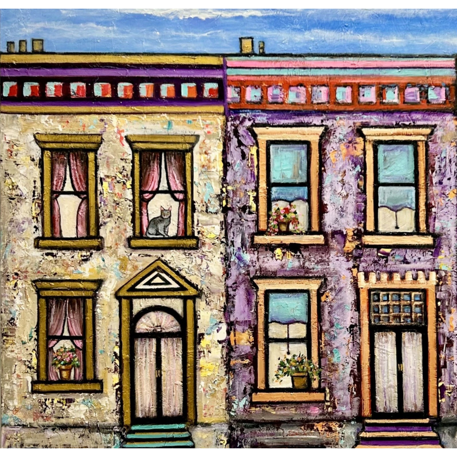 A painting of two townhouses next to each other using bold lines and bright colors