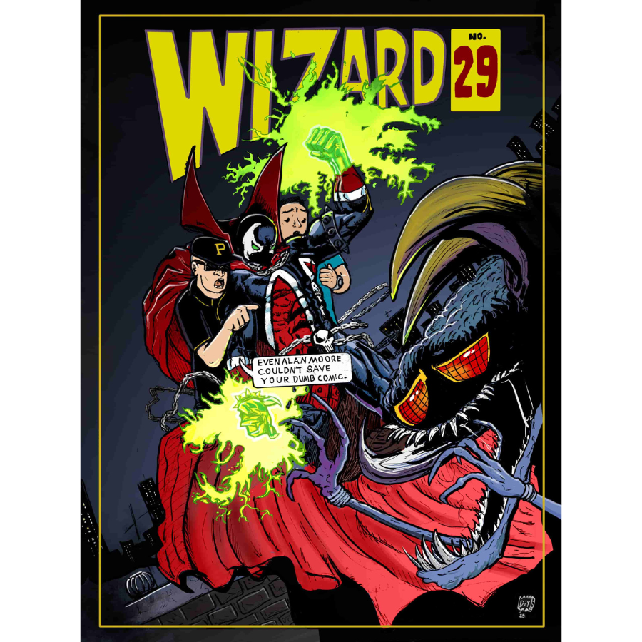 Comic book cover that says "Wizard 29" with a super hero saving two people from a bug monster