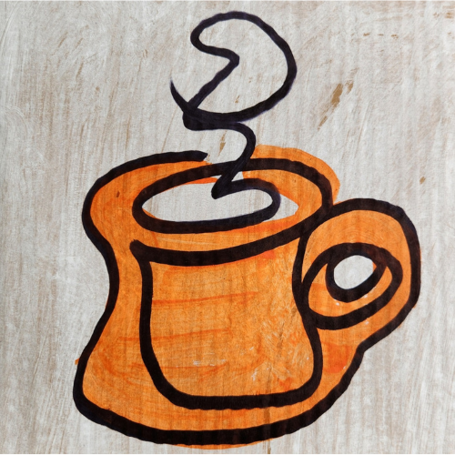 Graphic image of a steaming coffee mug