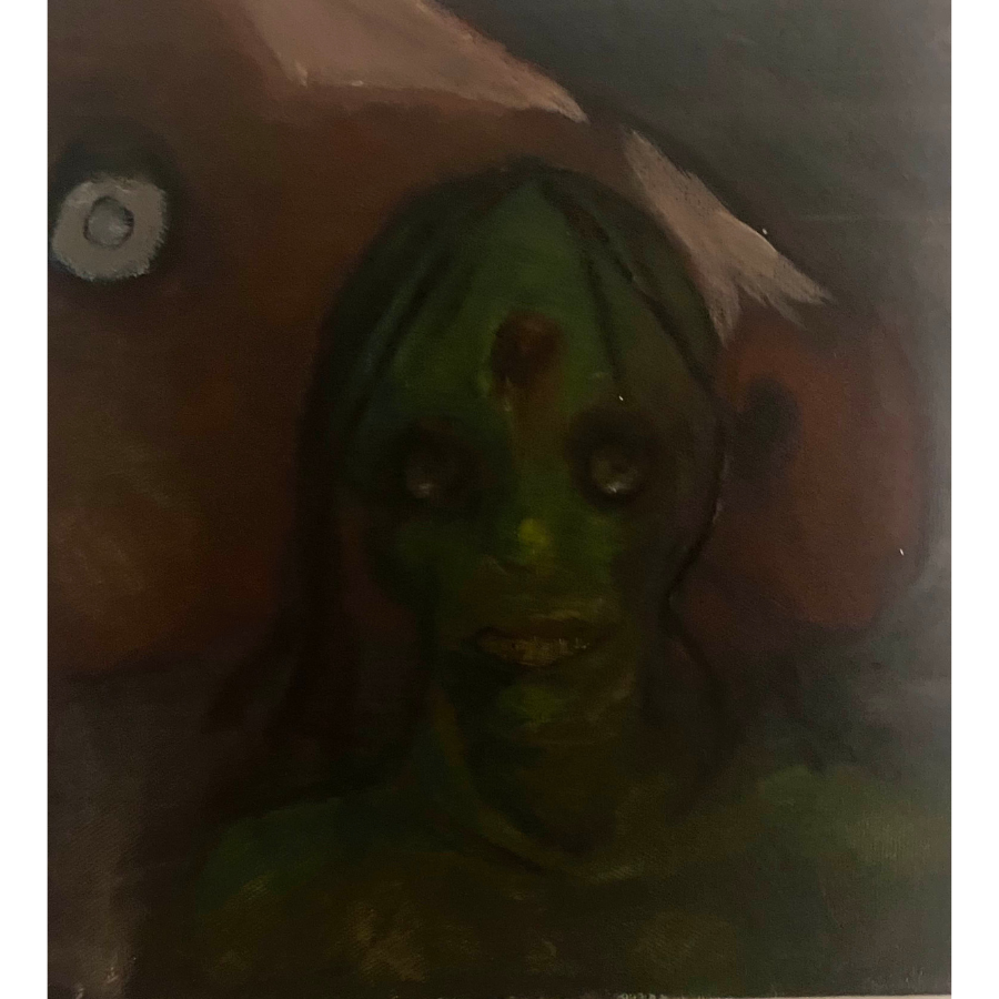 Very dark portrait painting with a red dot/hole in forehead