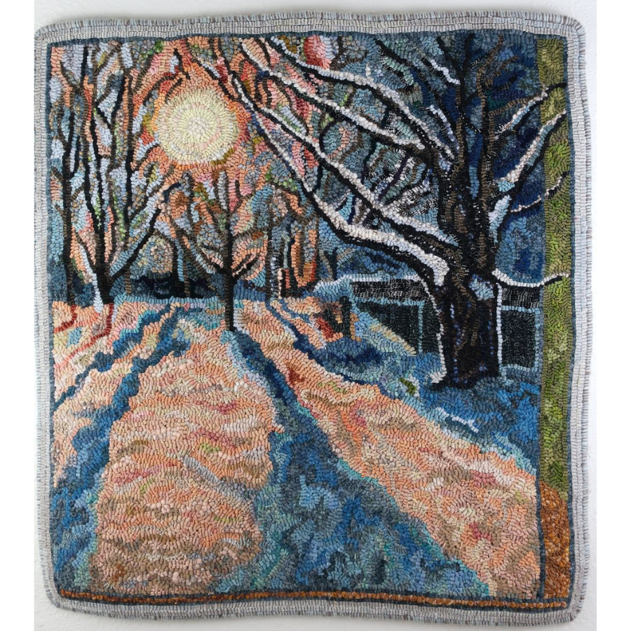 Fabric landscape of a snowy winter scene at night