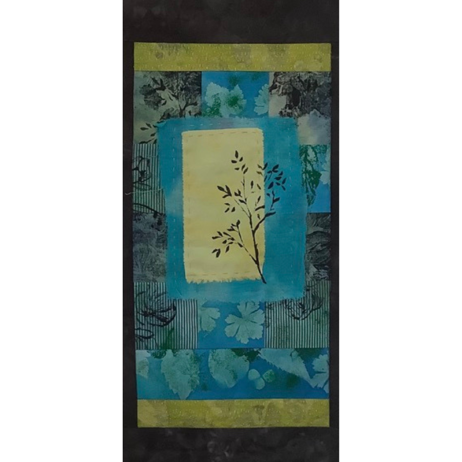 Abstract fabric art with earthy shapes and colors