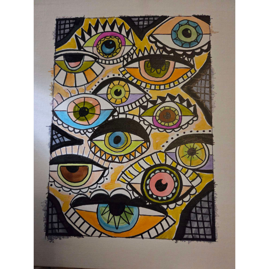 Multiple large, graphic eyes with different geometrical shapes throughout