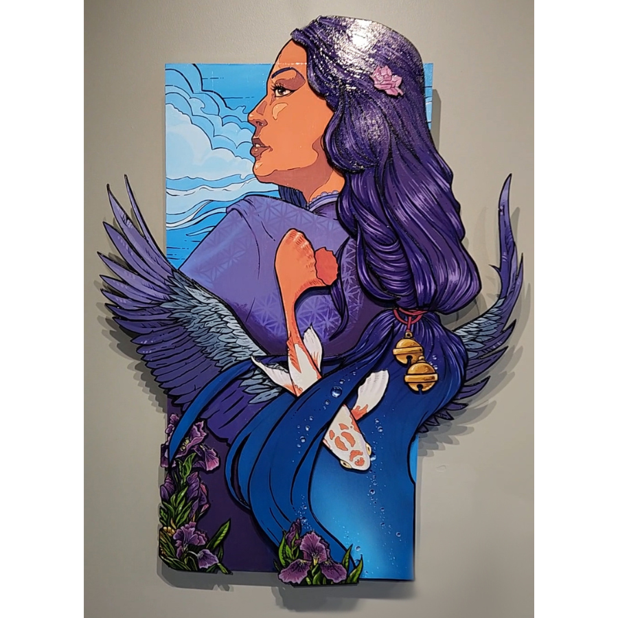 Cut out piece with a woman with wings and a koi fish