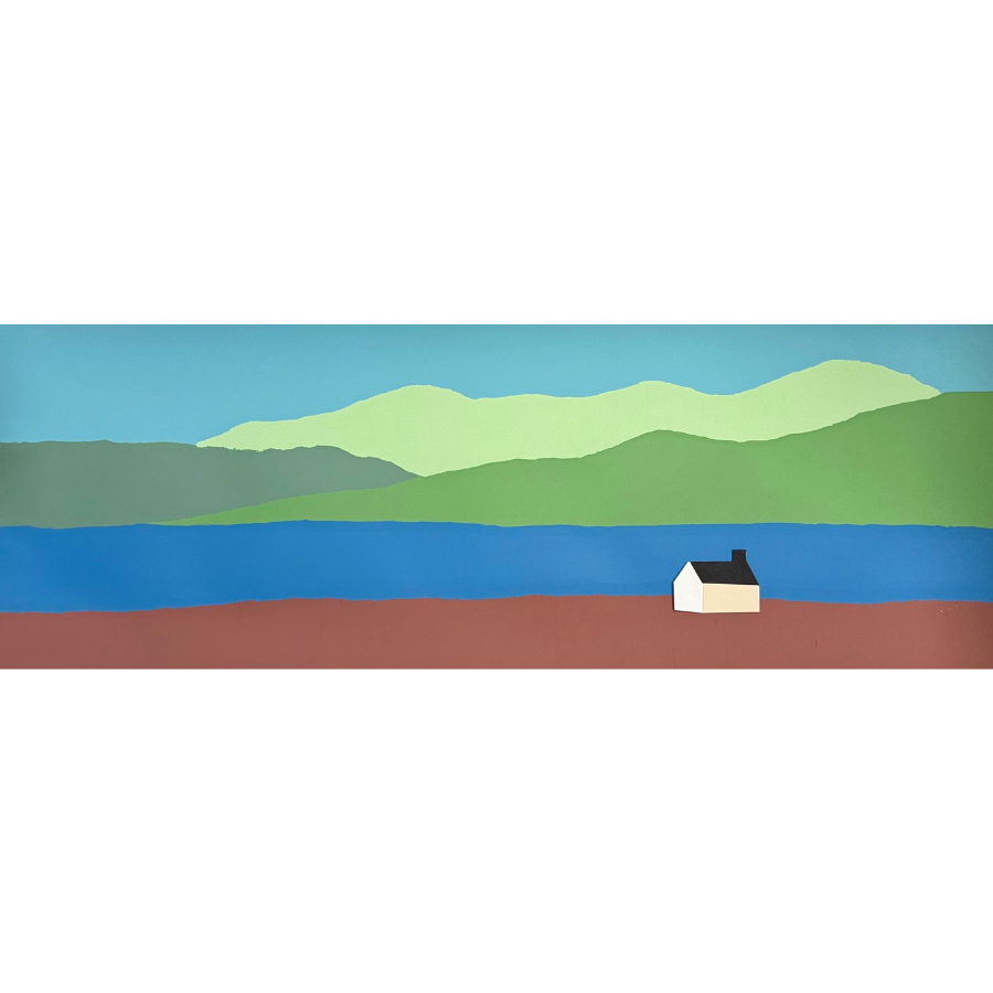 Graphic, color-block landscape of a little house near a lake in the mountains