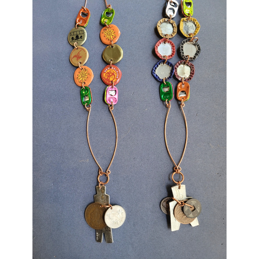 Two metal necklaces made of colorful recycled bottle caps and coins