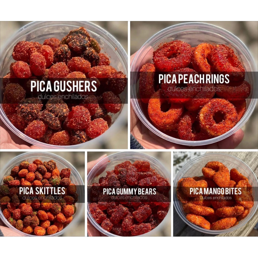 Selection of chili covered gummies and candies