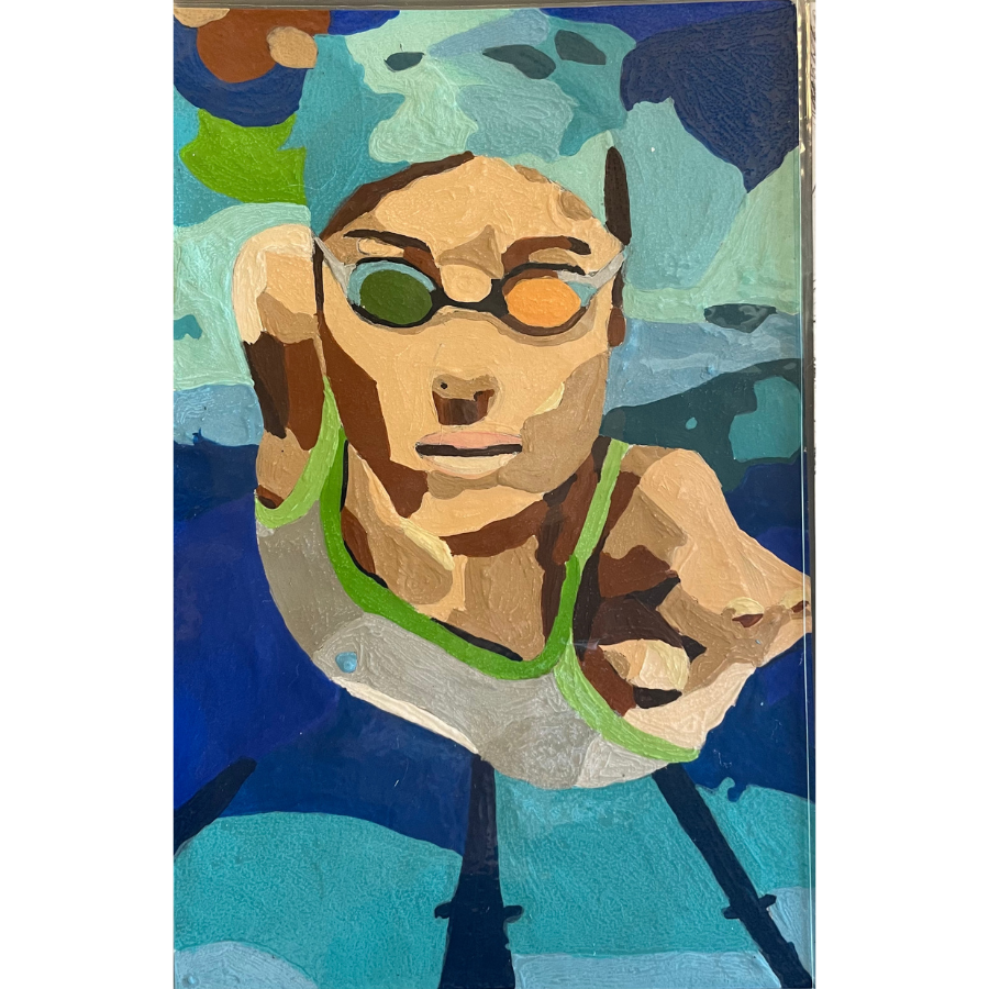 Painting of swimmer with goggles underwater